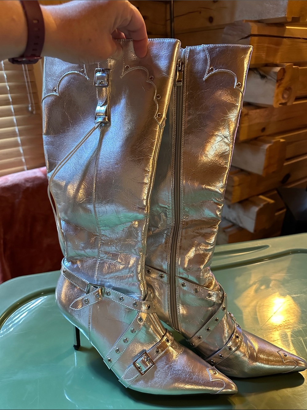 Metallic Silver Knee-High Pointed-Toe Heeled Boots